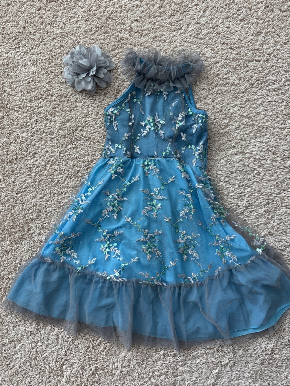 Girls Blue Floral Tulle Dance Costume Dress with Headpiece